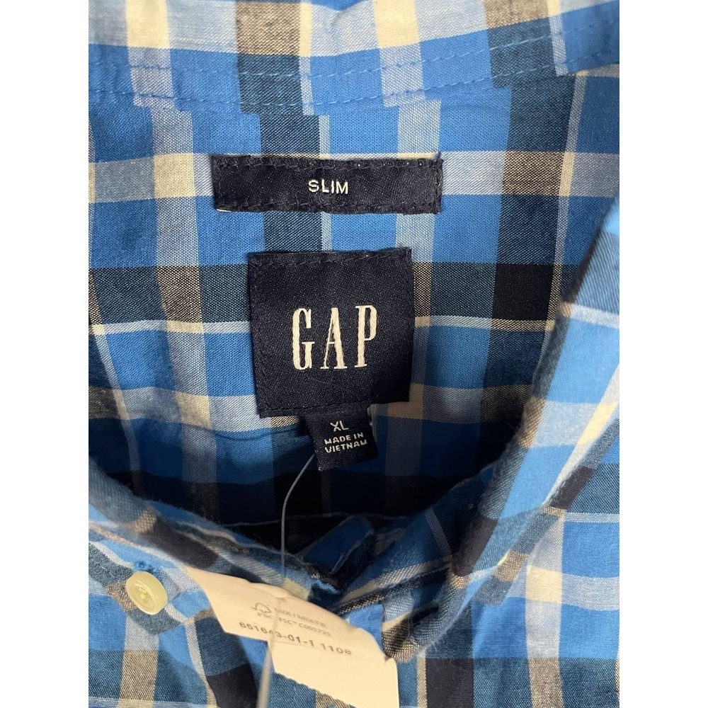 Gap Slim Fit Button Up Shirt Mens XL Blue Plaid Casual Work Long‎ Sleeve - Picture 3 of 8